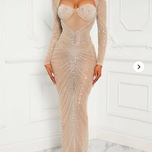 Fashion Nova Nude Beaded Long Sleeve Sheer Gown Maxi Dresss